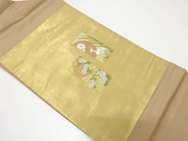 短冊に万寿菊・白鷺模様刺繍名古屋帯